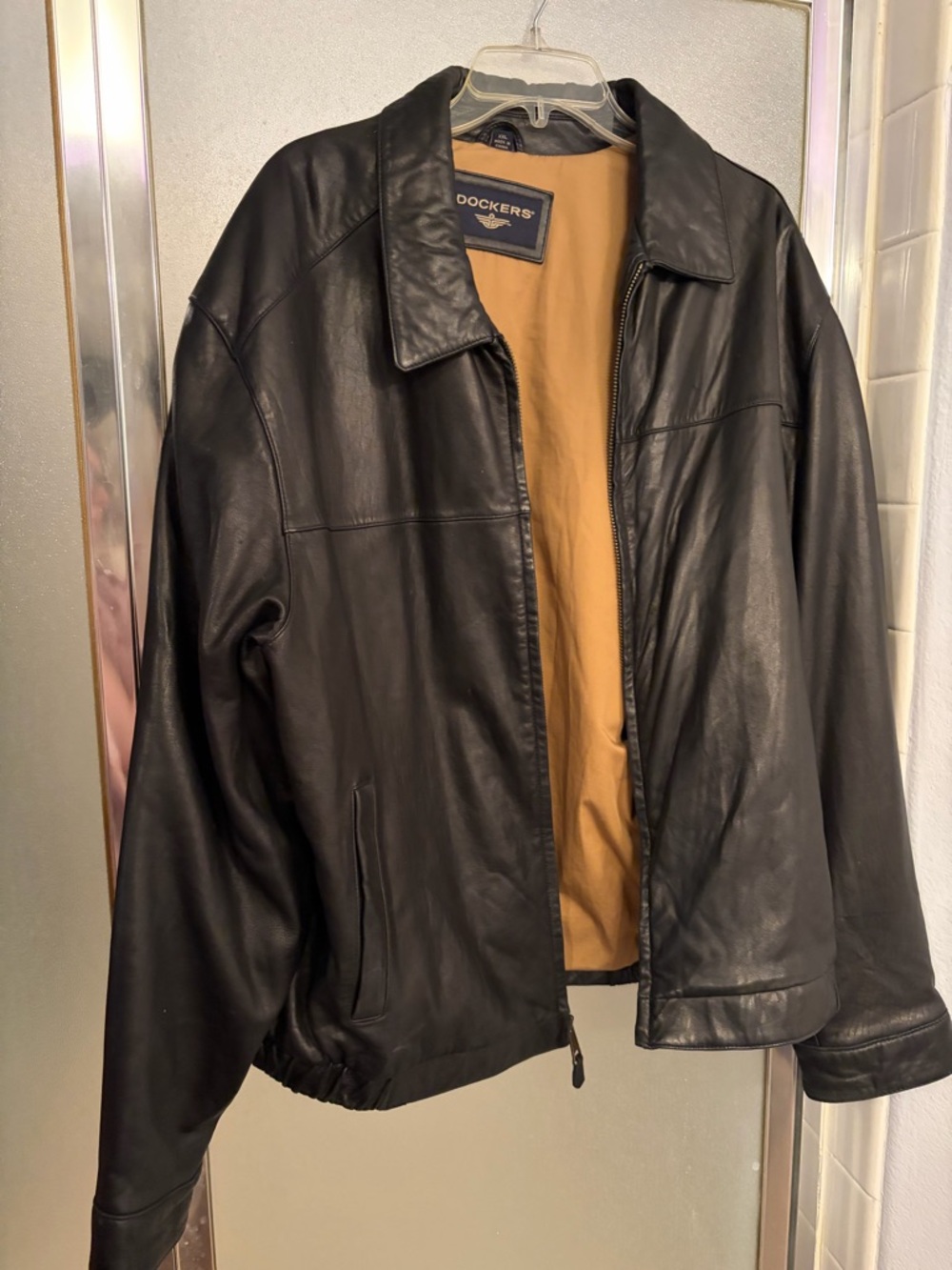 Dockers Black Leather Bomber Jacket with Tan Interior